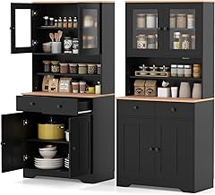 LOKO 67” Tall Kitchen Hutch Cabinet, Pantry Cabinet with 2 Removable Shelves, 2 Drawers, 2 Glass Doors & 1 Cupboard, Farmhouse Storage Organizer for Dining Room, Living Room (Black)