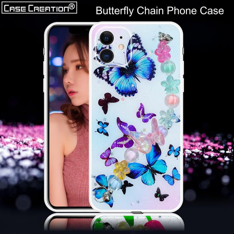 Image of COVERLY for iPhone 12 Pro Butterfly Floral Chain Case,Full Protective Lens Protection 3D Cartoon Glittering Crystal Sparkle-Cute Phone Holder,Girly Aesthetic Soft Phone Cover for Apple iPhone 12 Pro