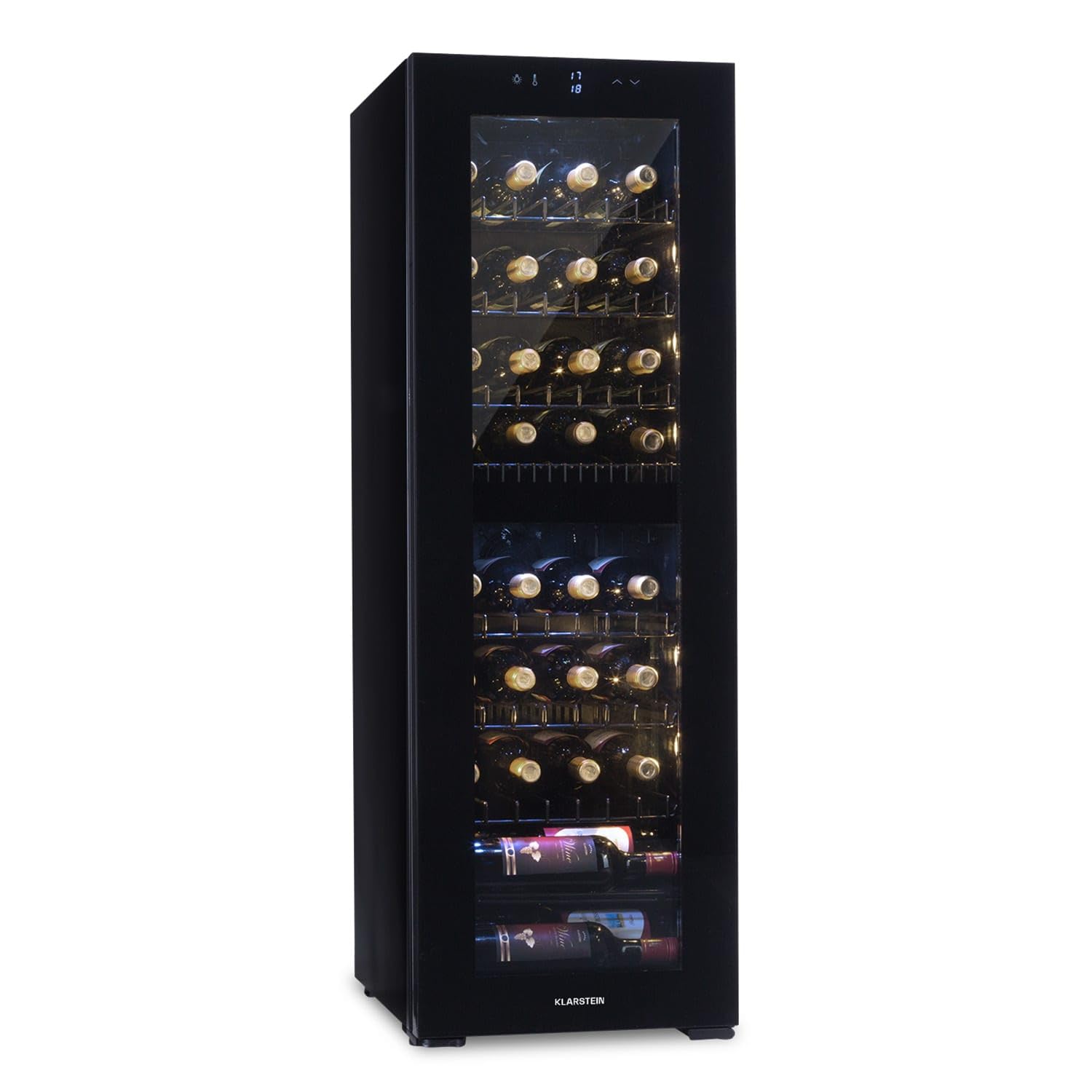 KLARSTEIN Double Zone Refrigerated Wine Rack for Indoor/Outdoor, Fridge Bar, Wine Cellar with Showcase, Mini Fridge with UV Protection, Small Touch Control Fridge 5-18°C, 116L 39 Bottles