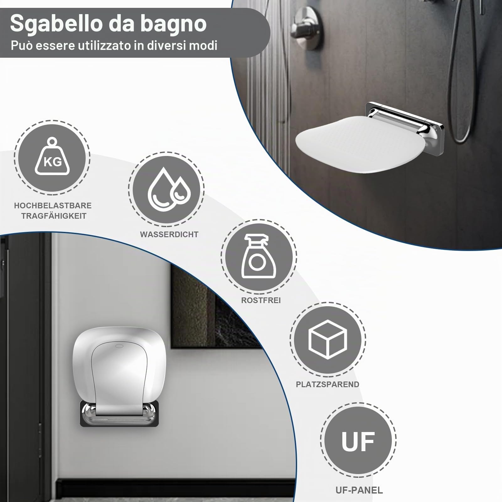 Sedile Doccia Pieghevole con Montaggio a Parete e Ampia Seduta - Sgabello da Bagno Ergonomico Antiscivolo per Anziani e Disabili, Portata Massima 180 kg, Bianco
