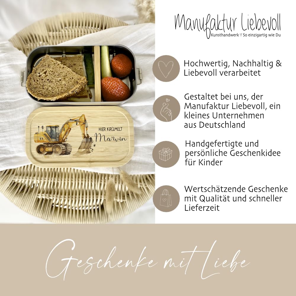 Manufaktur Liebevoll Personalisierte Brotdose Edelstahl Lunchbox mit Bambus Deckel Trenner Nachhaltige Brotbüchse Motiv Bagger