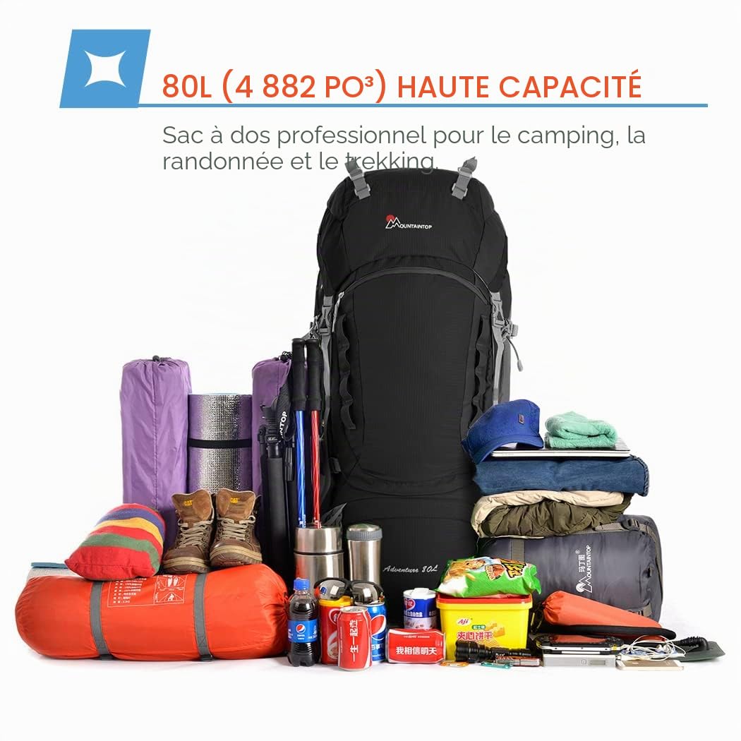 MOUNTAINTOP 80L Sac à Dos de Randonnée pour Homme Femme Sac à Dos Trekking avec Housse de Pluie Sac à Dos Voyage pour Camping, Randonnée, Trekking, Sports de Plein Air