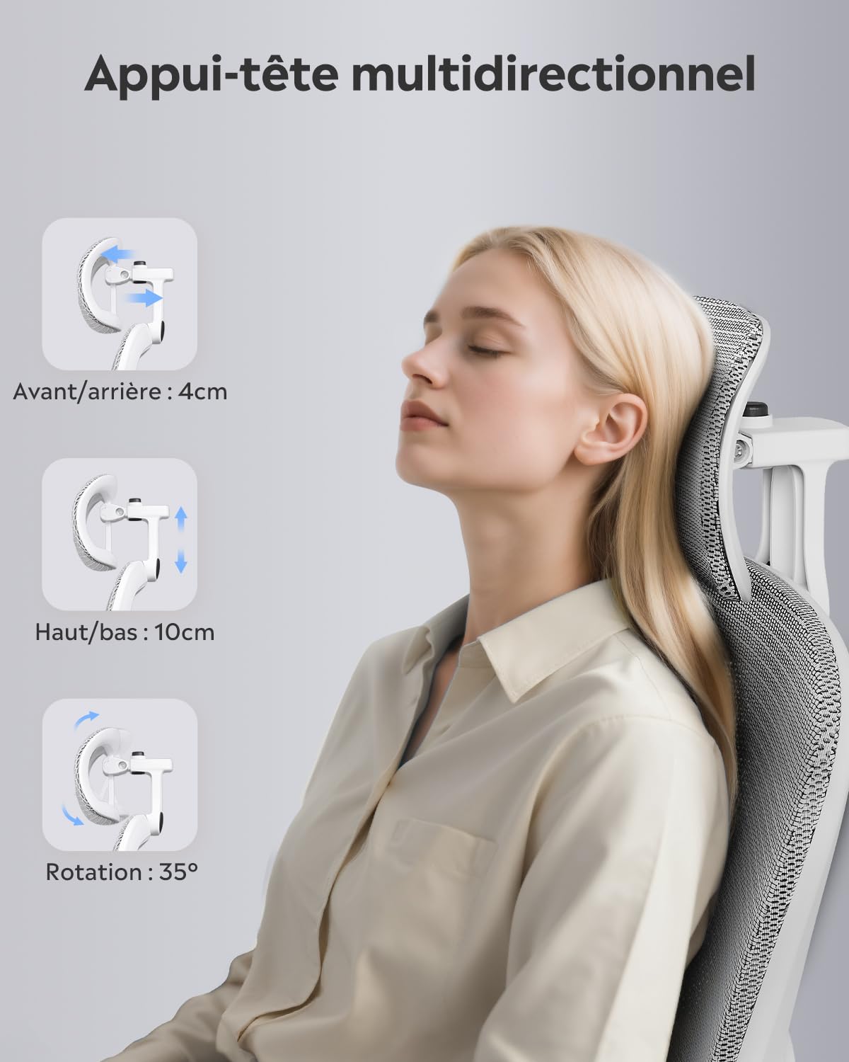 DEVAISE Chaise de Bureau Ergonomique, Fauteuil de Bureau avec Dossier Segmenté, Fauteuil de Bureau Grande en Maille Respirante, Support Lombaire & Appuie-tête réglable, Accoudoirs 3D, Blanc
