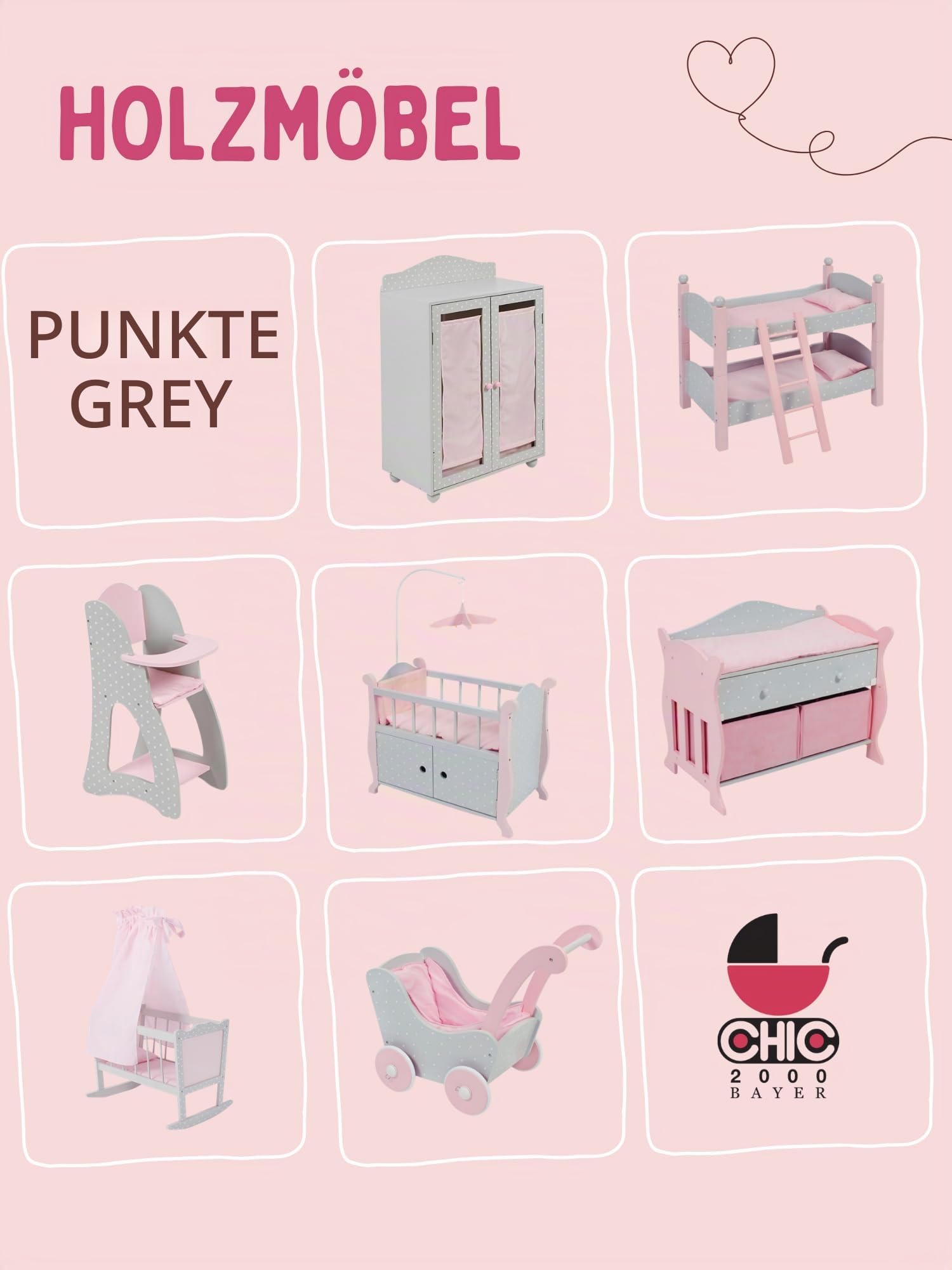 Bayer Chic 2000 - Puppenbett mit Mobile, Puppenmöbel, Puppenzubehör, Puntos grau
