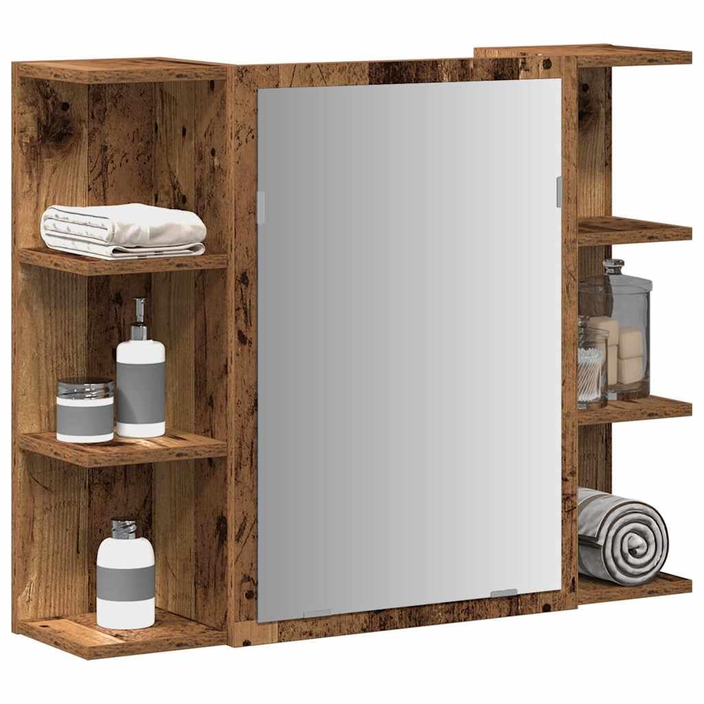 SYDE Armario de Baño con Espejo 80x20,5x64cm | Madera de Ingeniería Resistente a Humedad, 6 Estantes Abiertos, 2 Compartimentos, Diseño Moderno
