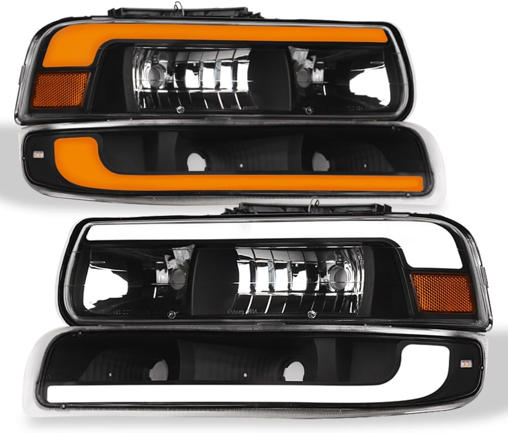 Switchback Sequential LED Strip Tube Bar Black Housing Crystal Headlights With Signal Bumper Lamps Amber Reflector 4-Pieces nb Compatible With 99-02 Chevy Silverado / 00-06 Suburban Tahoe