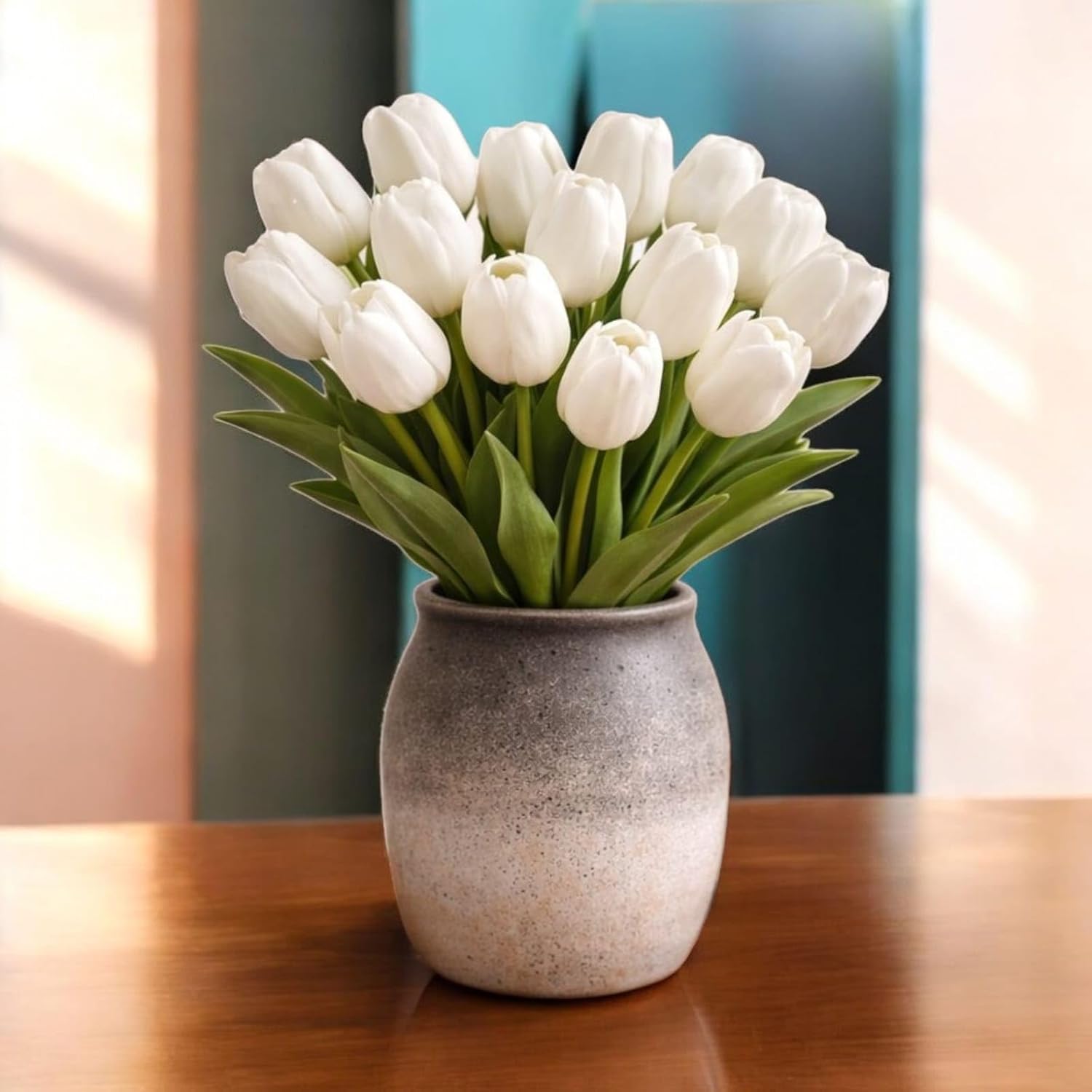 SAUDEEP INDIA 15 Pcs Artificial White Tulip Flowers Bunch 34cm for Vase Decor | Silicon Real Touch Floral Arrangement for Living Room Bedroom Office Table Centerpiece Anniversary Wedding Decoration