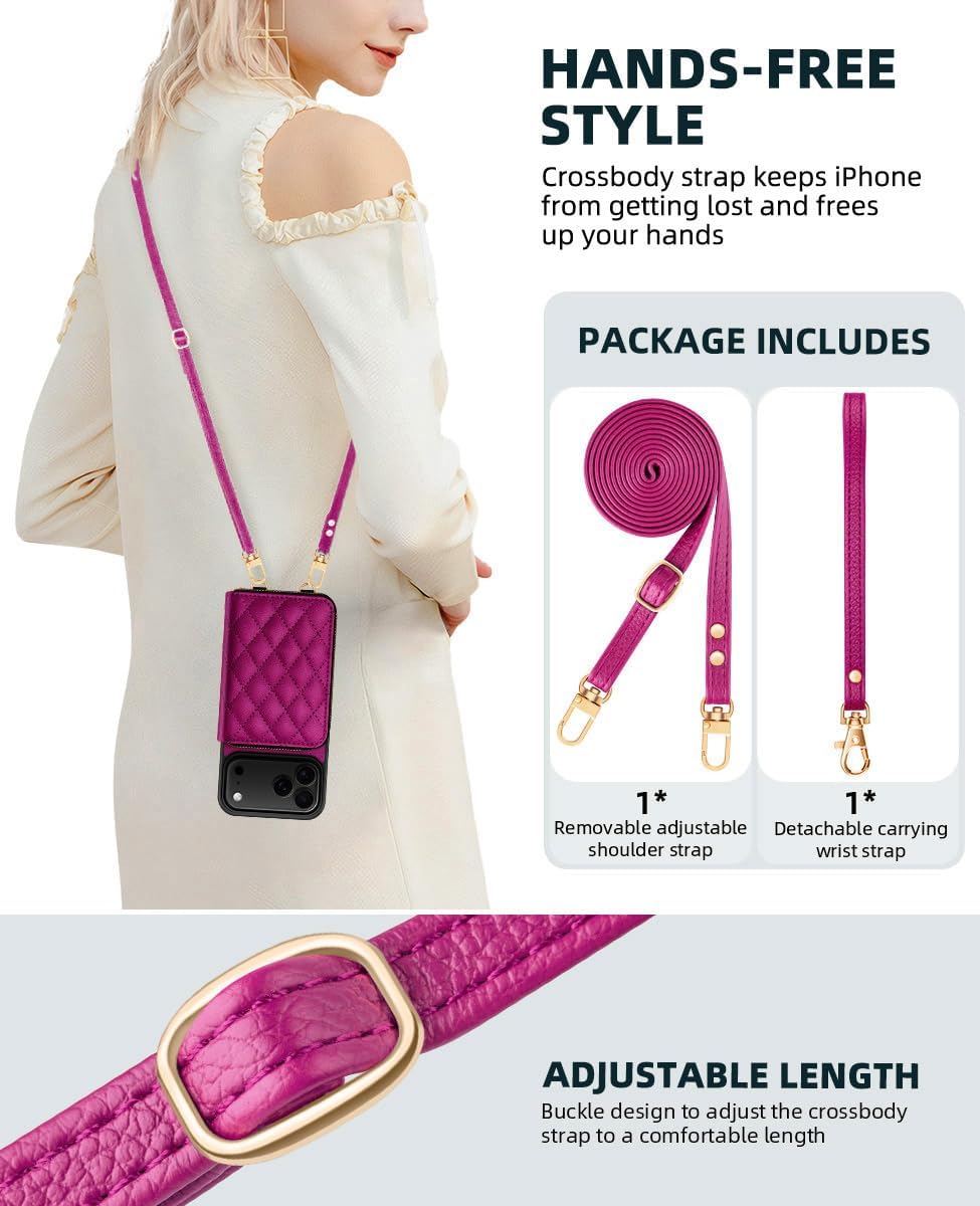 OCASE Compatible with iPhone 17 Pro Max Crossbody Wallet Case with Card Holder, PU Leather Zipper Handbag Phone Purse with RFID Blocking Kickstand Wrist Strap Lanyard 6.9 Inch, Diamond Check Rose