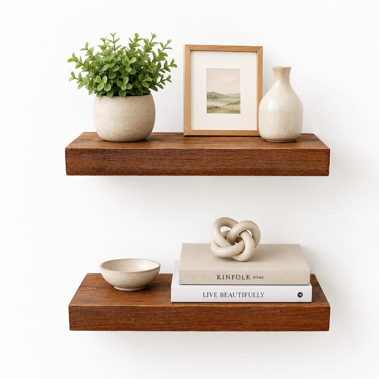 WELLAND Bradley Floating Shelves Handmade Wood Wall Shelf Set of 2, Tudor Oak