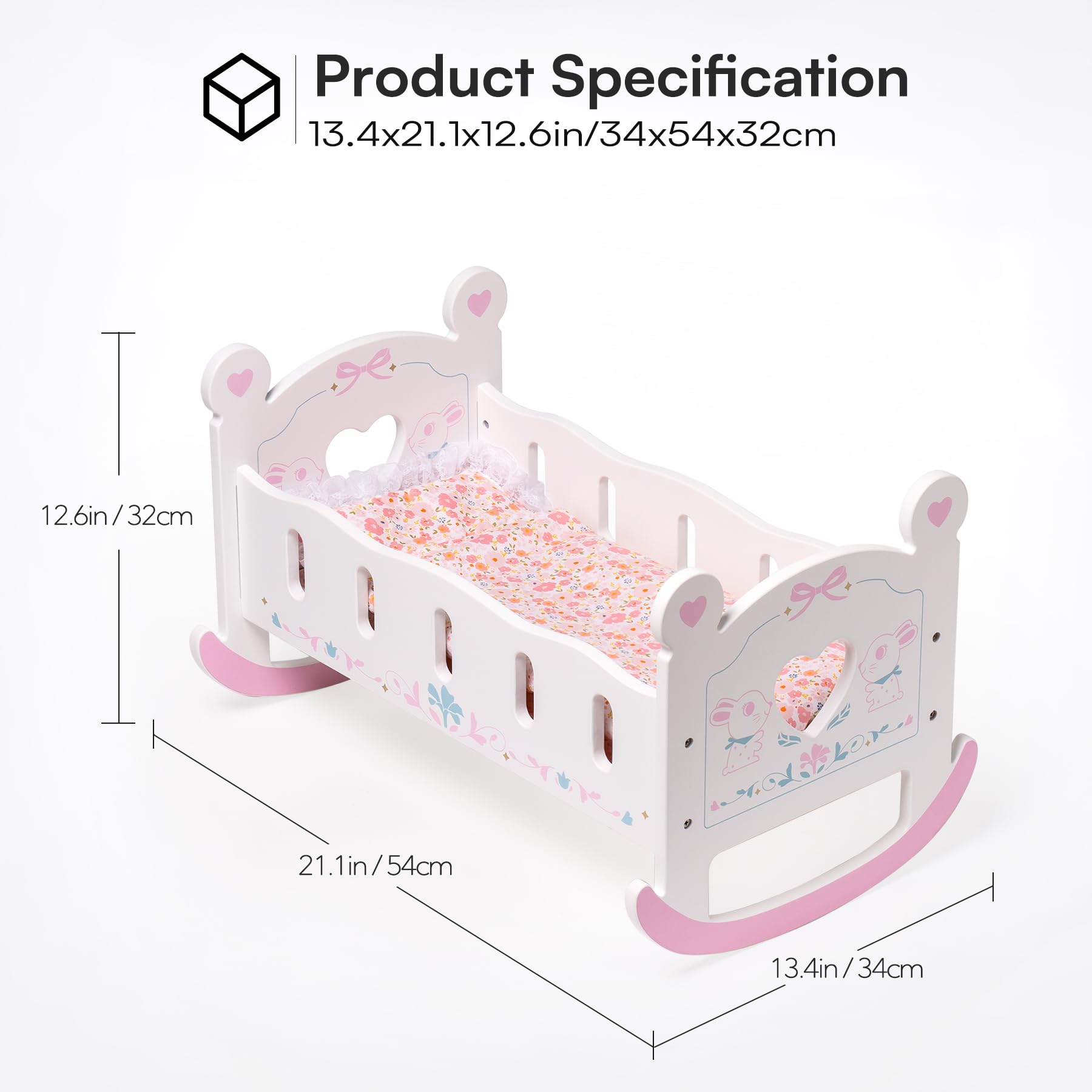 ROBOTIME Culla per bambole, letto per bambole da 45-61 cm, culla in legno con materasso, cuscino e trapunta, regalo per ragazze e ragazzi dai 3 anni in su