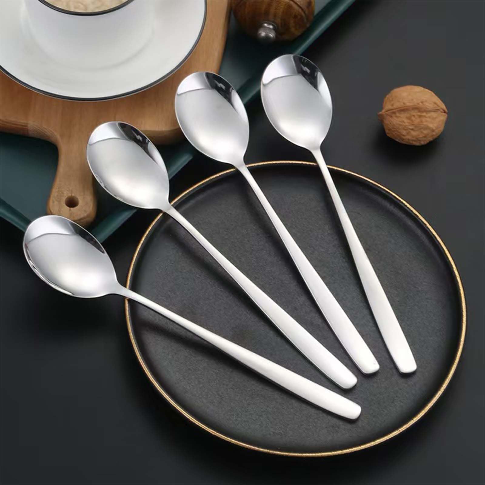Cuchara grande de sopa de acero inoxidable apta para lavavajillas, cucharaditas grandes con borde redondo, cucharadas de 8 pulgadas (4) 4