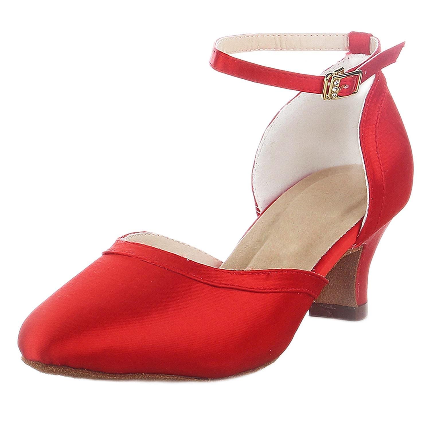 JIAJIA 00961 Women's Satin Sandals Block Heel Latin Salsa Performance Dance Shoes Color Red,Size 5 B(M) US/35 EU