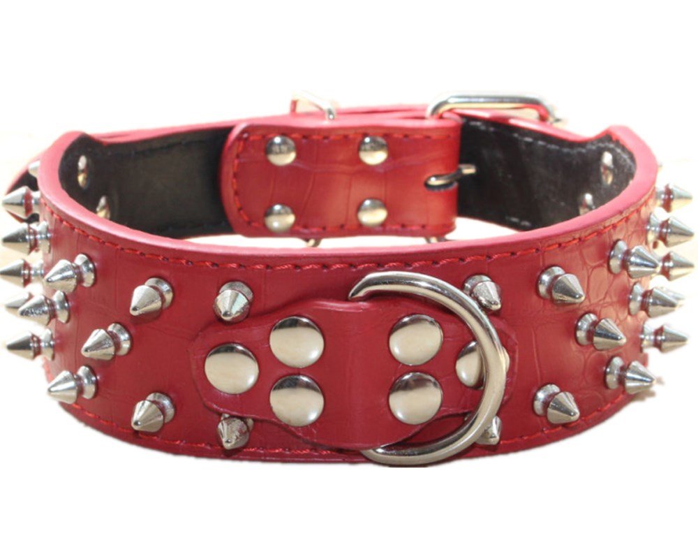 haoyueer Spiked Leather Dog Collar Bullet Rivets Studded 2 Inch Width Stylish Leather Dog Collars for Medium & Large Dogs Pitbull(Red,XL)