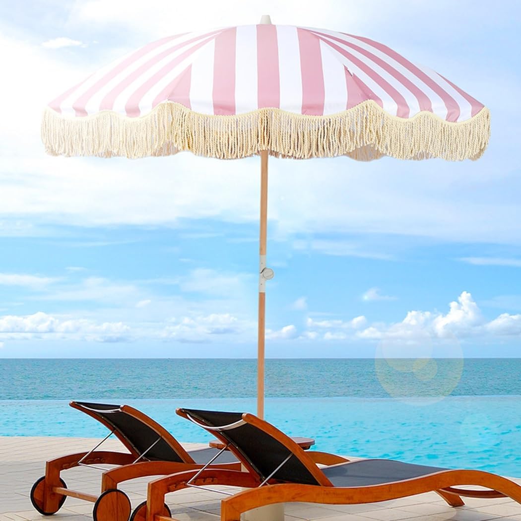 6.5FT Fringe Patio Parasol 8 Ribs Outdoor Beach Tassel Umbrella With Tilt & Carry Bag Yard Picnic Garden Lawn Deck Wedding Pool Party