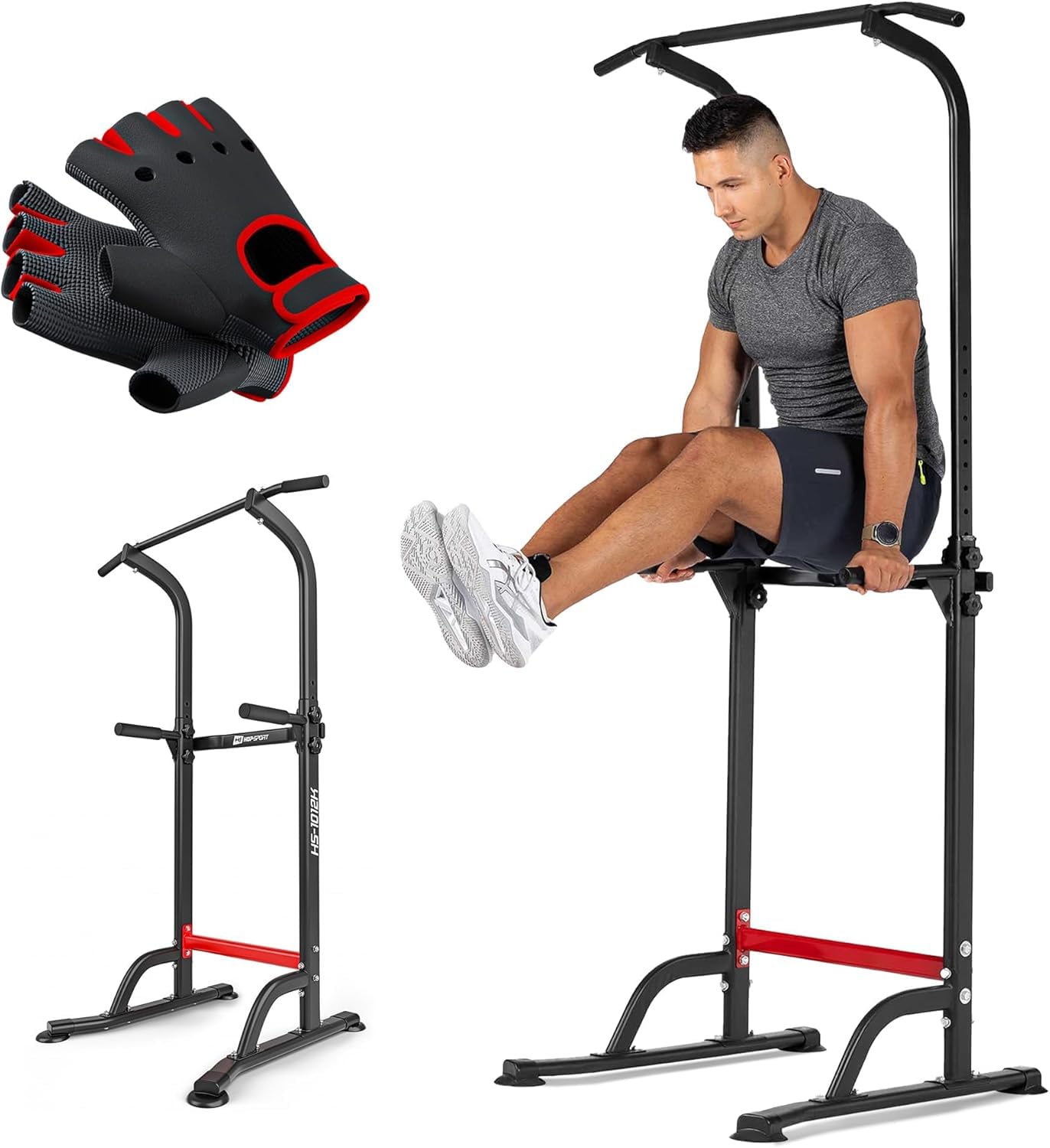 Hop-Sport Power Tower Klimmzugstange & Dip-Station, Höhenverstellbar, Freistehend, Fitnessgeräte für Zuhause, Home Gym, Calisthenics Equipment, Rückentrainer, Max. Belastbarkeit 150 kg