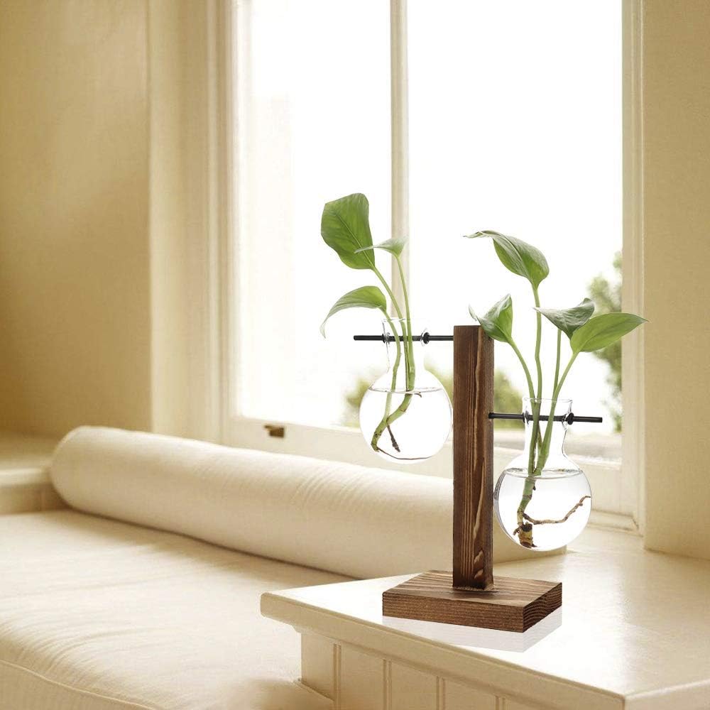Hydroponic Vase Water Propogating Vase Station Plant Terrarium with Wooden Stand Air Planter Bulb Glass Vase Desktop Planter Glass Bulb Vase Retro Hanging Plant Glass Vase Home Decor