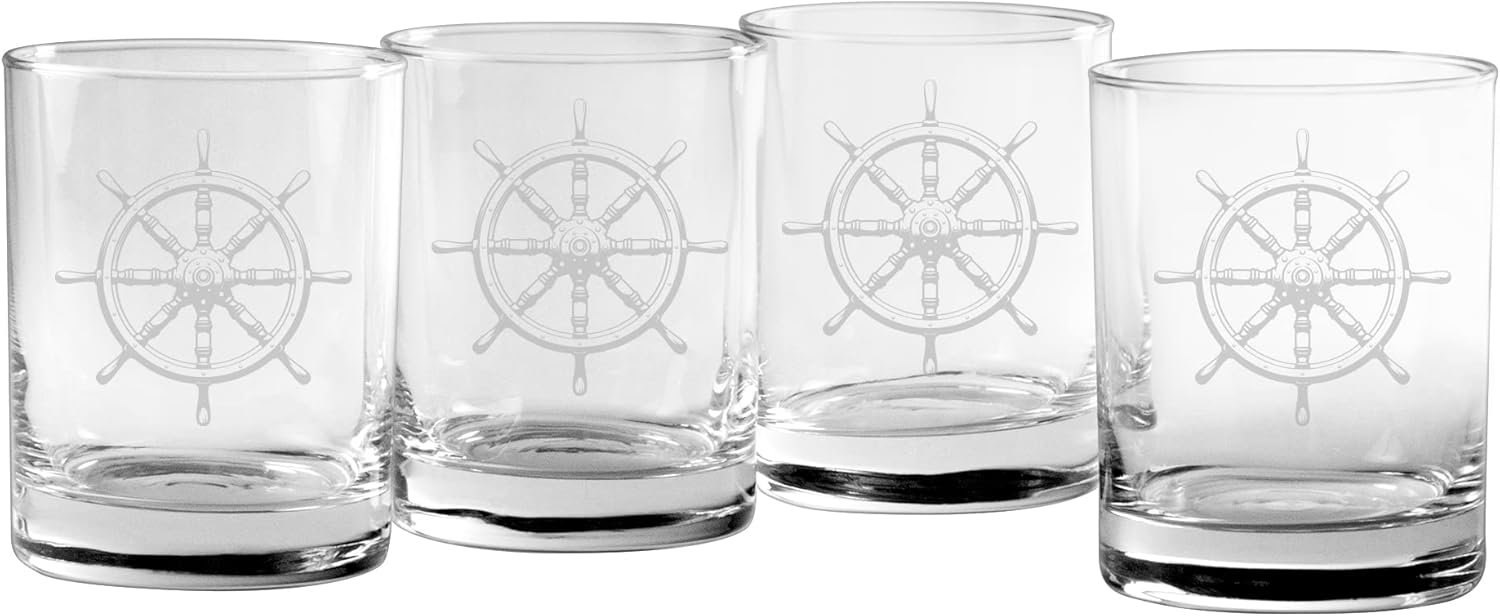 Susquehanna Glass Happy Hour Glassware Company - Nautical Ship Wheel, 14 oz. Double on the Rocks, Wrap, Satin, Set of 4