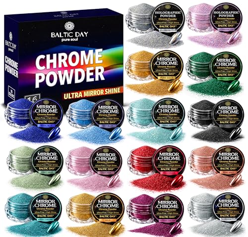 16 Colors Chrome & Holographic Nail Powder Set – Metallic Mirror Effect Pigments for Nail Art, Gel Polish, Acrylic, Dip Nails – Shimmer Powders for Resin Epoxy, Jewelry Making, Crafts & DIY Decoration