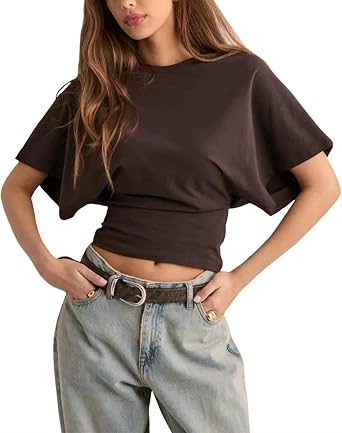 LOAIHA Womens Batwing Sleeve Crop Top Crew Neck Drop Shoulder Oversized T-Shirt Blouse Waist Casual Summer Y2K Tee Tunic