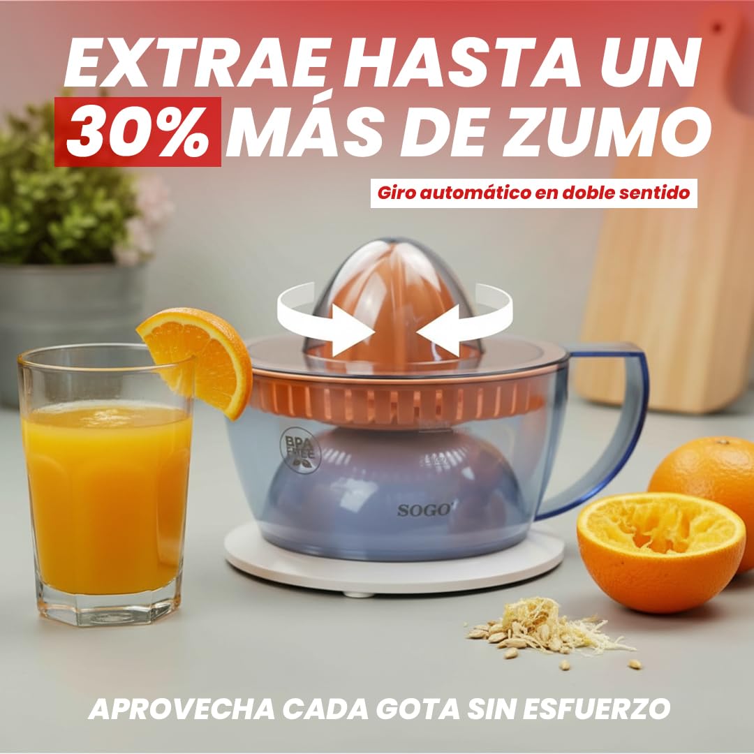 Sogo Presse-agrumes électrique à jus d'orange et de citron avec 2 cônes et couvercle, automatique, puissant et silencieux, carafe 0,5 litre, blanc, 40 W (SS-5223)