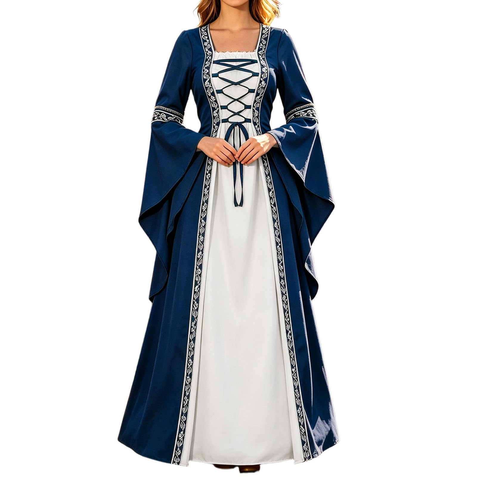 Damen Trachtenkleid Dirndlkleid Midi mit Dirndlschürze Trachtenmode Oktoberfest Outfit Mittelalterliches Kleid im gotischen Hofstil Schnürärmelkleid Oktoberfest Costume