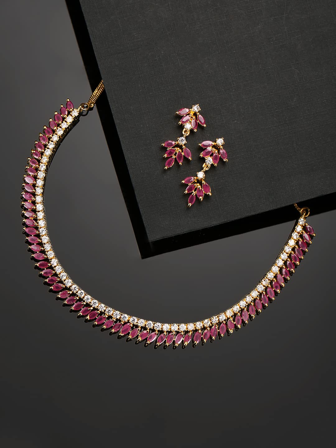 Pink American Diamond Jewellery Set Gold-Plated Brass for Parties