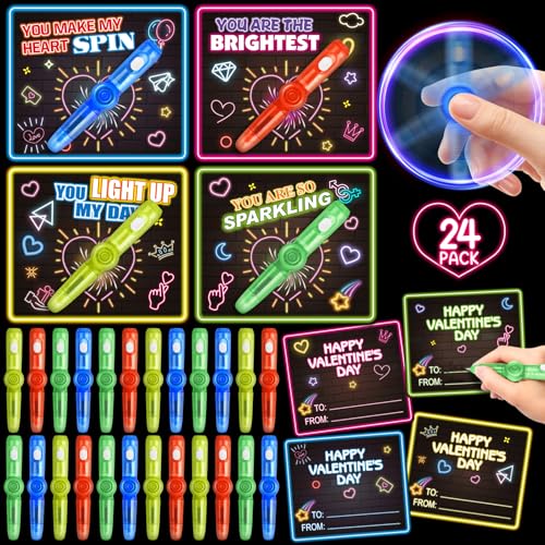 Shemira 24 Pack Valentines Day Cards for Kids, 24 Light Up Spinning Toy Pens for Valentines Gifts Exchange, Valentine School Classroom Favors for Kids Boys Girls, Valentines Cards for Kid by Shemira - Used condition - US$15.43