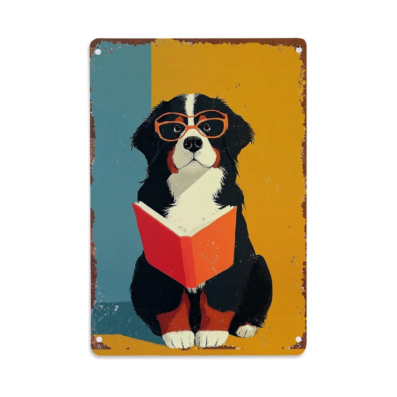 Dog Reading Book With Glasses Retro Metal Tin Sign, Vintage Decor Art Poster for Bar, Home, Man Cave, Kitchen, Laundry Room Gift 8x12Inch