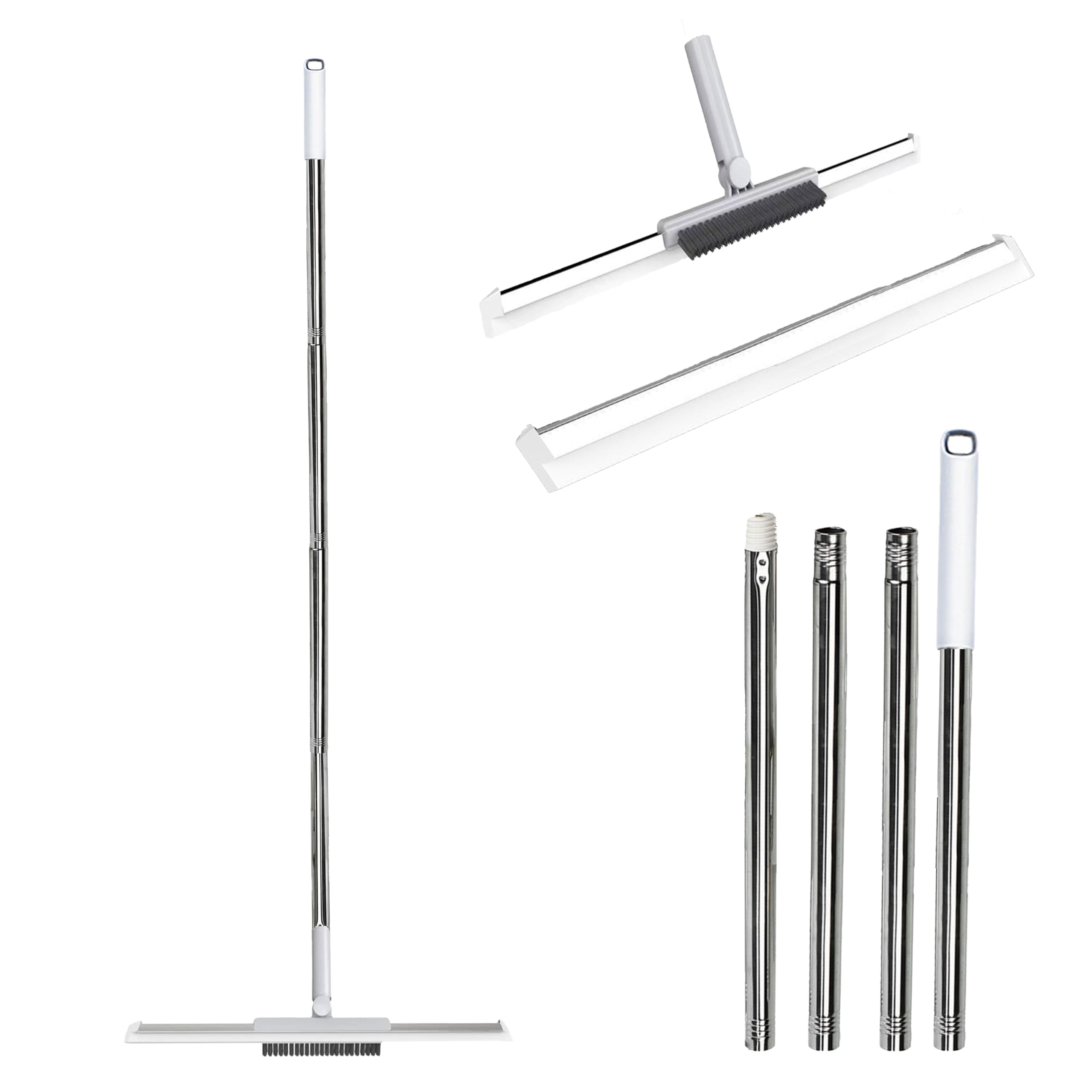 Window & Floor Cleaning Kit - 13.5” & 18” Interchangeable Squeegee - Extendable Pole (Up to 68”) & 180-degree Swivel Head for High Windows, Floors, Shower Doors ,All-in-one Floor and Glass Scrubber