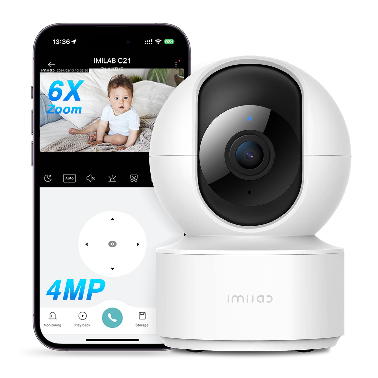 Cámara interior de 4MP, Cámara de seguridad WiFi 2.4G para monitoreo de bebés/animales con aplicación, Cámara para mascotas de 360° con visión nocturna, Audio bidireccional, local/en la nube (C21)