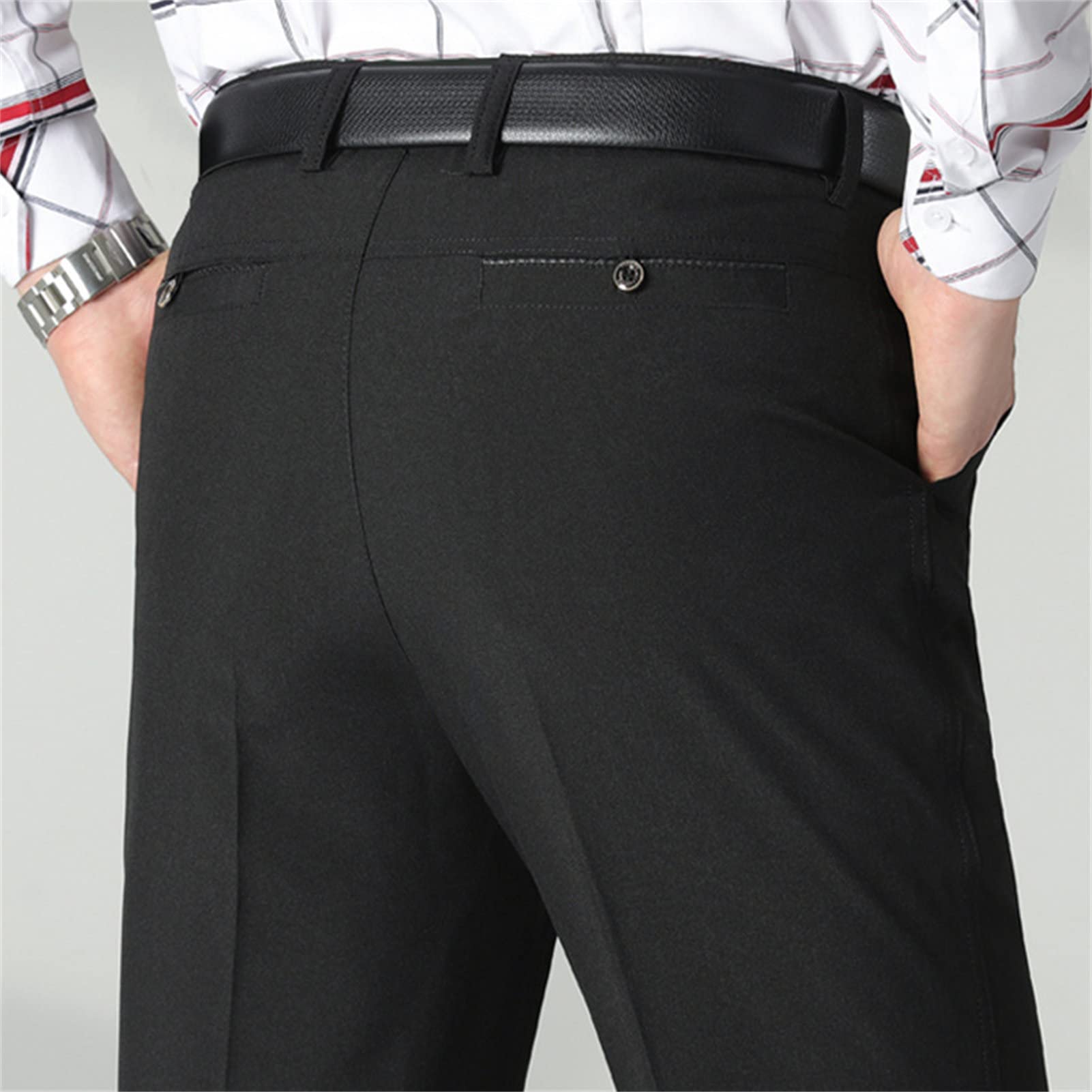 Maiyifu-GJ Men's Solid 4-Way Stretch Pant Straight Fit Flat Front Dress Pant Business Lightweight Ultra Loose Casual Pants (Black,30)