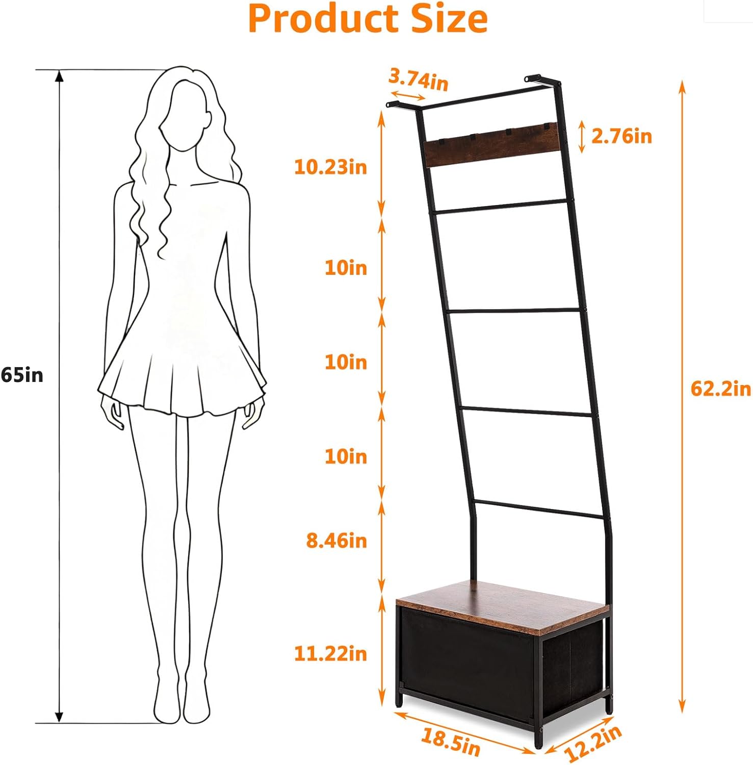 Metal Blanket Ladder with Storage Drawer, 5 Tier Rustic Blanket Rack with Hooks for Living Room, Bedroom, Farmhouse Decor – 5.2ft Wall Leaning Ladder Shelf for Blankets, Towels & Throws, Black