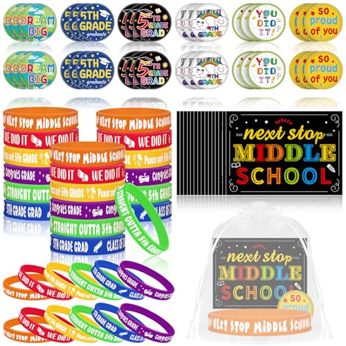 Augacage 144 Pcs 5th Grade Graduation Gifts Include 36 Rubber Wristbands 36 Graduation Badges 36 Congratulations Graduations Card 36 Organza Bags for Fifth Grade Party Favors Supplies