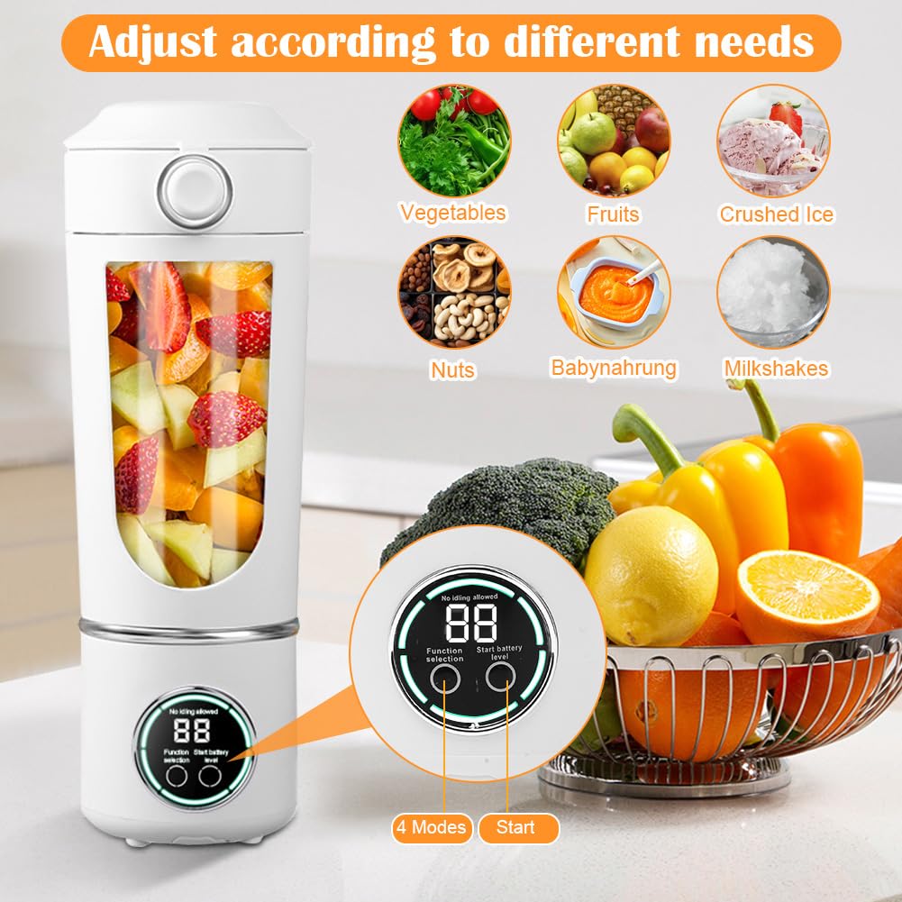 Tragbarer Mixer, 700 ml kleiner Smoothie Mixer, Mini-Standmixer mit 12 Edelstahlklingen und Digitalanzeige, BPA-freie, USB Wiederaufladbarer Mini Standmixer für Smoothie, Saft, Milchshake (Weiß)