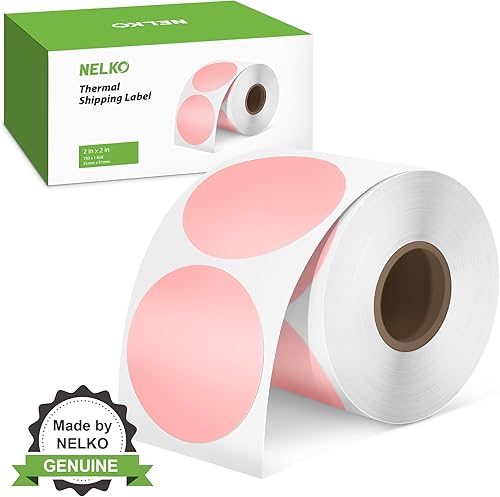 NELKO Etiquetas adhesivas térmicas de círculo rosa de 2 pulgadas, calcomanías térmicas redondas autoadhesivas para pequeñas empresas, diseño de