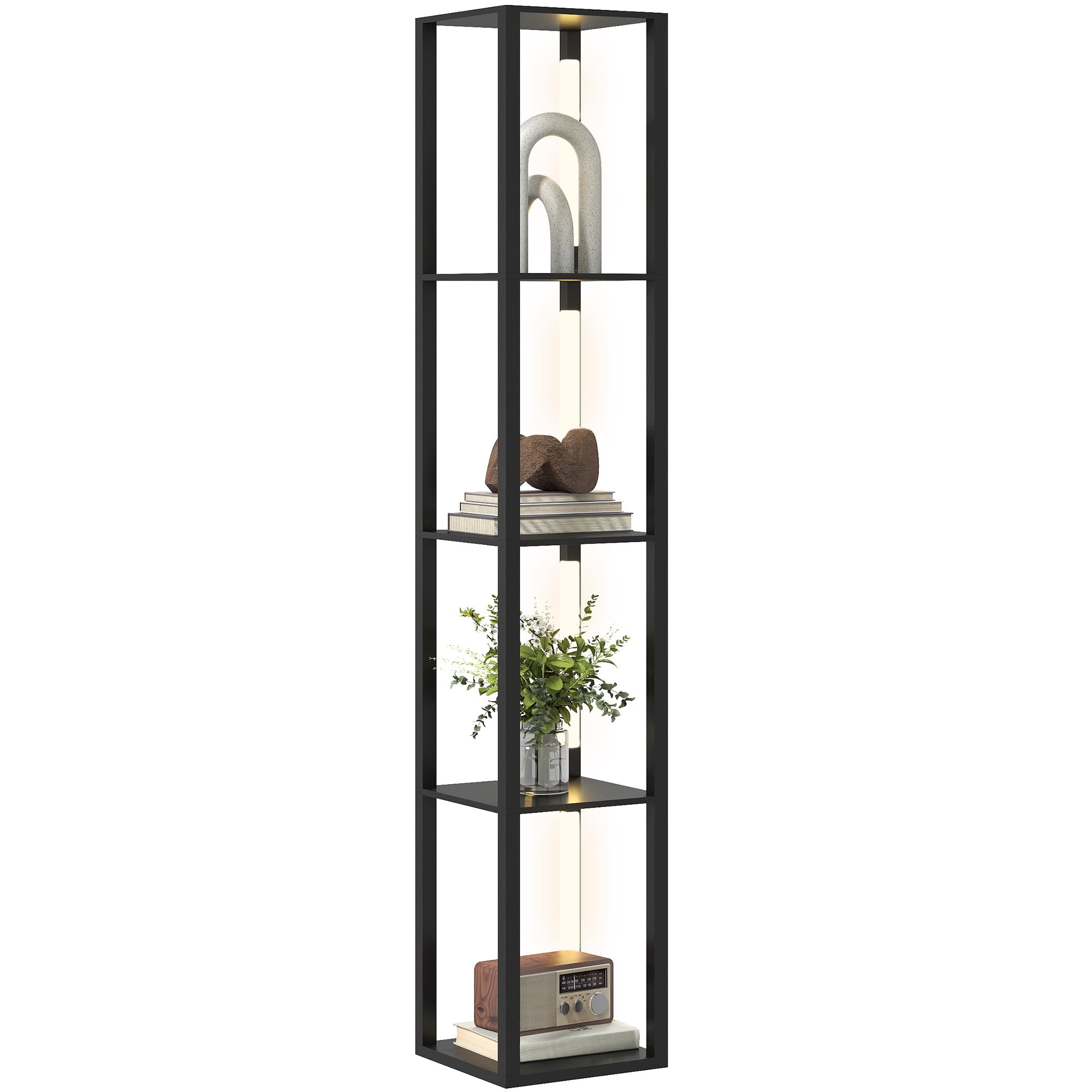 HOMCOM Lampada da Terra con 4 Ripiani Luce Dimmerabile 29x29x163 cm Nero | 3 Luminosità Regolabili, Interruttore a Pedale, Piantana Lampada da Terra, per Soggiorno, Salotto e Camera