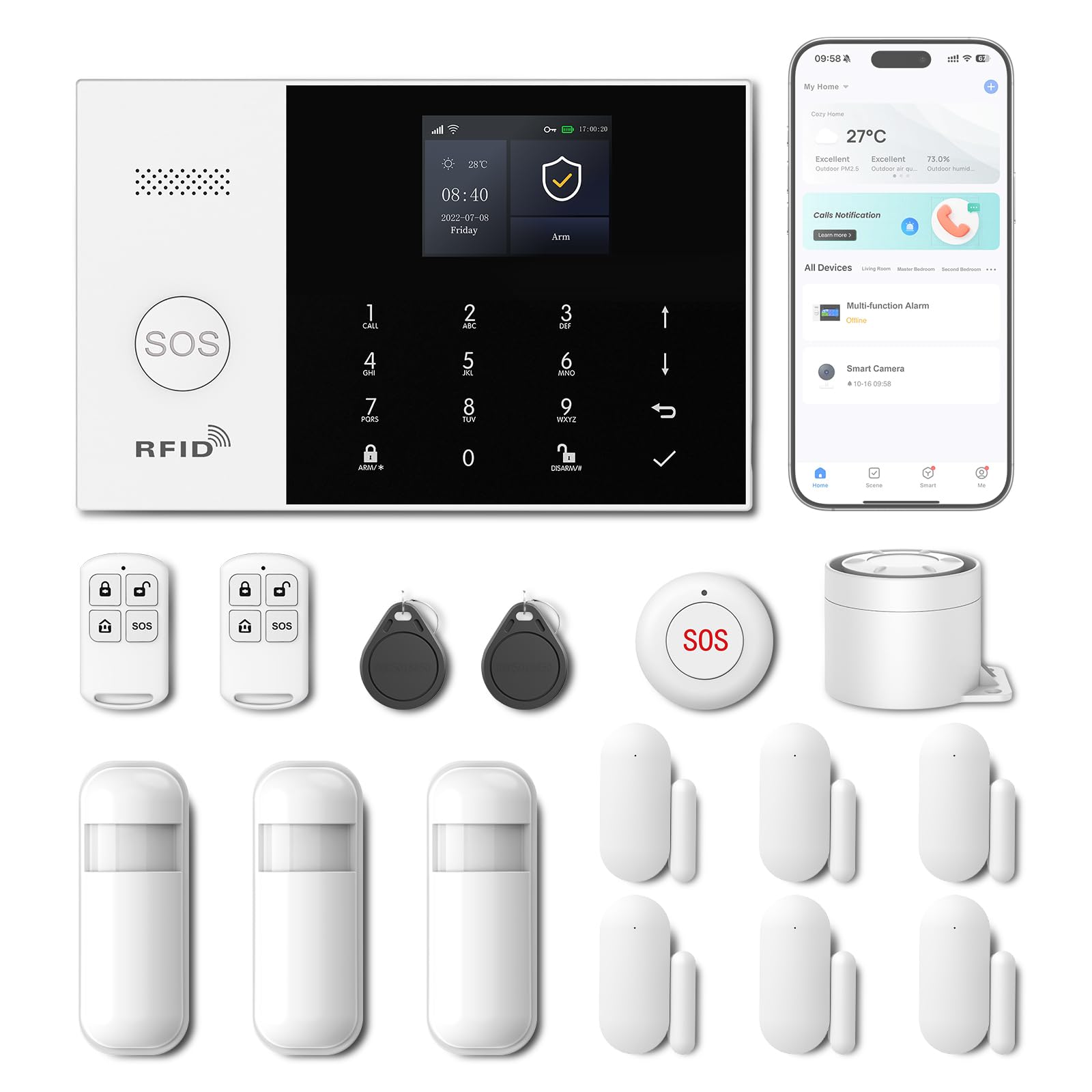 PGST Sistema de Alarma para Casa WiFi/gsm,Inalámbrico Control Remoto por Call/SMS/App, Kit de Seguridad para el hogar, Ampliable - Compatible con Alexa