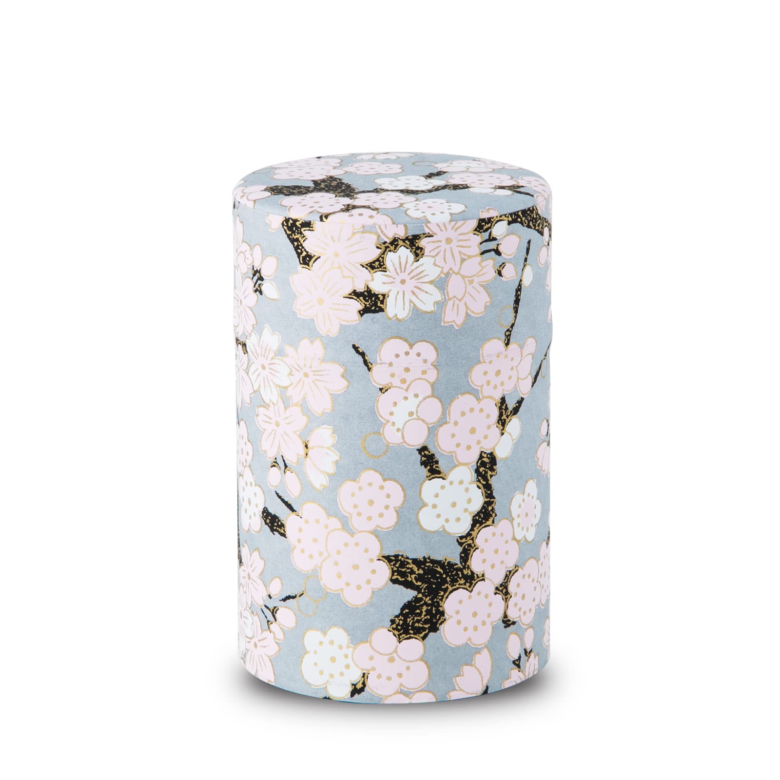 Japanese Yuzen Washi Paper Tea Canister Steel 3.5oz Plum Cherry Gray Japan