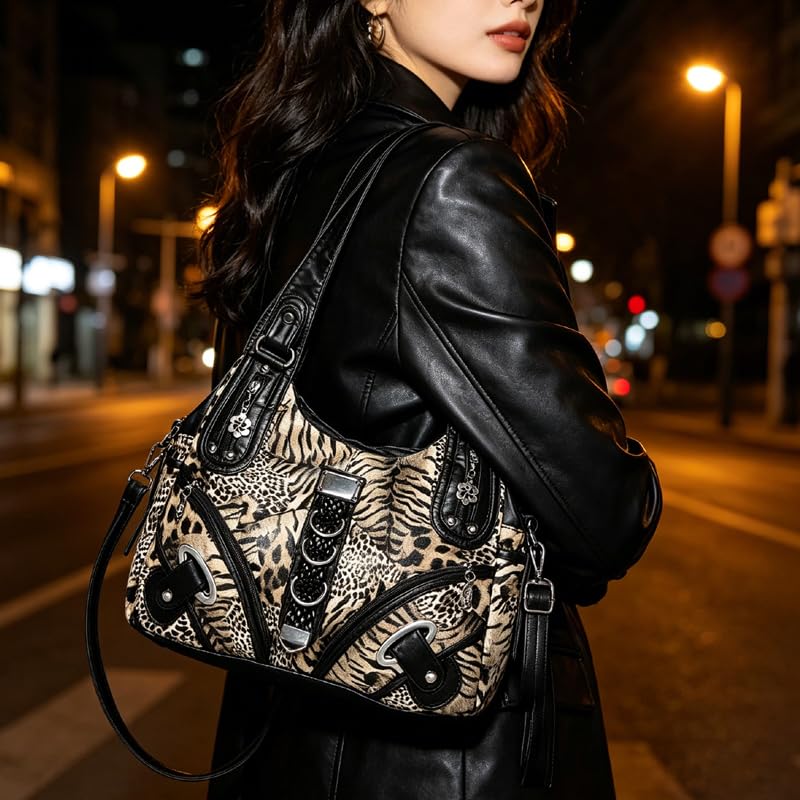 Bolso bandolera Y2K de piel sintética para mujer, diseño de leopardo, gran capacidad, elegante paquete de correas para moto, con tachuelas de lujo