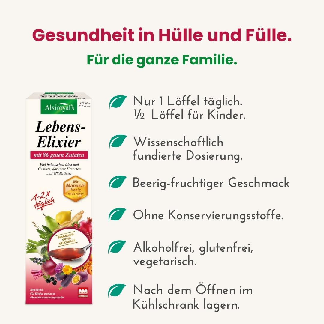 Alsiroyal Lebens-Elixier 6x 520 ml (5+1) · 86 Zutaten + Manuka | Vital Drink mit 86x Obst, Gemüse, Ursorten, Wildkräuter, Mikronährstoffe & Manuka-Honig MGO 500+ · ohne Konservierungsstoffe