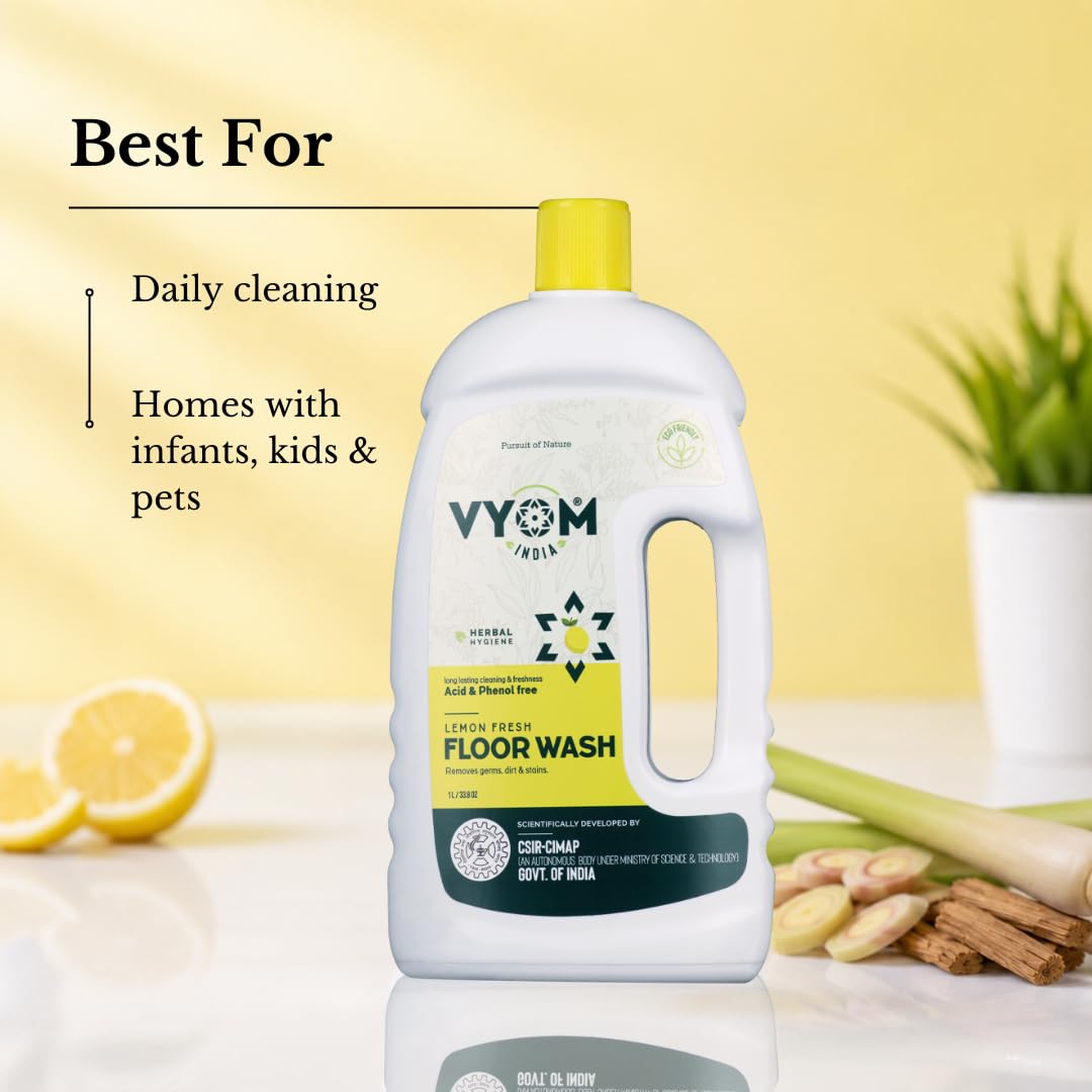 Vyom India Floor Cleaning Liquid - 1L | Safe for Infants, Kid & Pet | Plant-Based, Eco-Friendly Natural Disinfectant - Lemongrass & Cedarwood, Phenyl & Acid Free | Ideal For Floor, Tile, Marbles 2