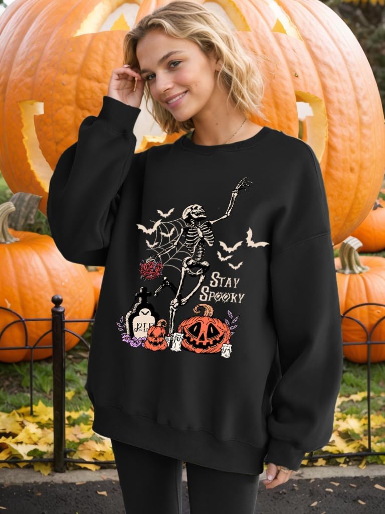 Halloween Sweatshirt for Women Oversized Dancing Skeleton Shirt Spooky Skull Graphic Pullover Pumpkin Gift Top - Image 2