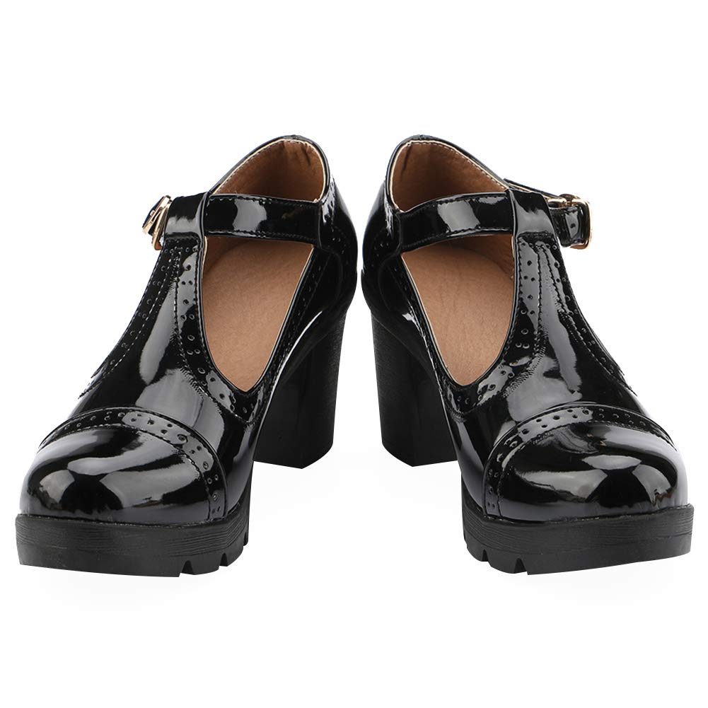 ANUFER Mujer Medio Tacón Grueso Mary Janes Brogue Bombas | Correa en T Ajustable, Cuero Sintético, Uniforme Oficina Zapatos de Vestir