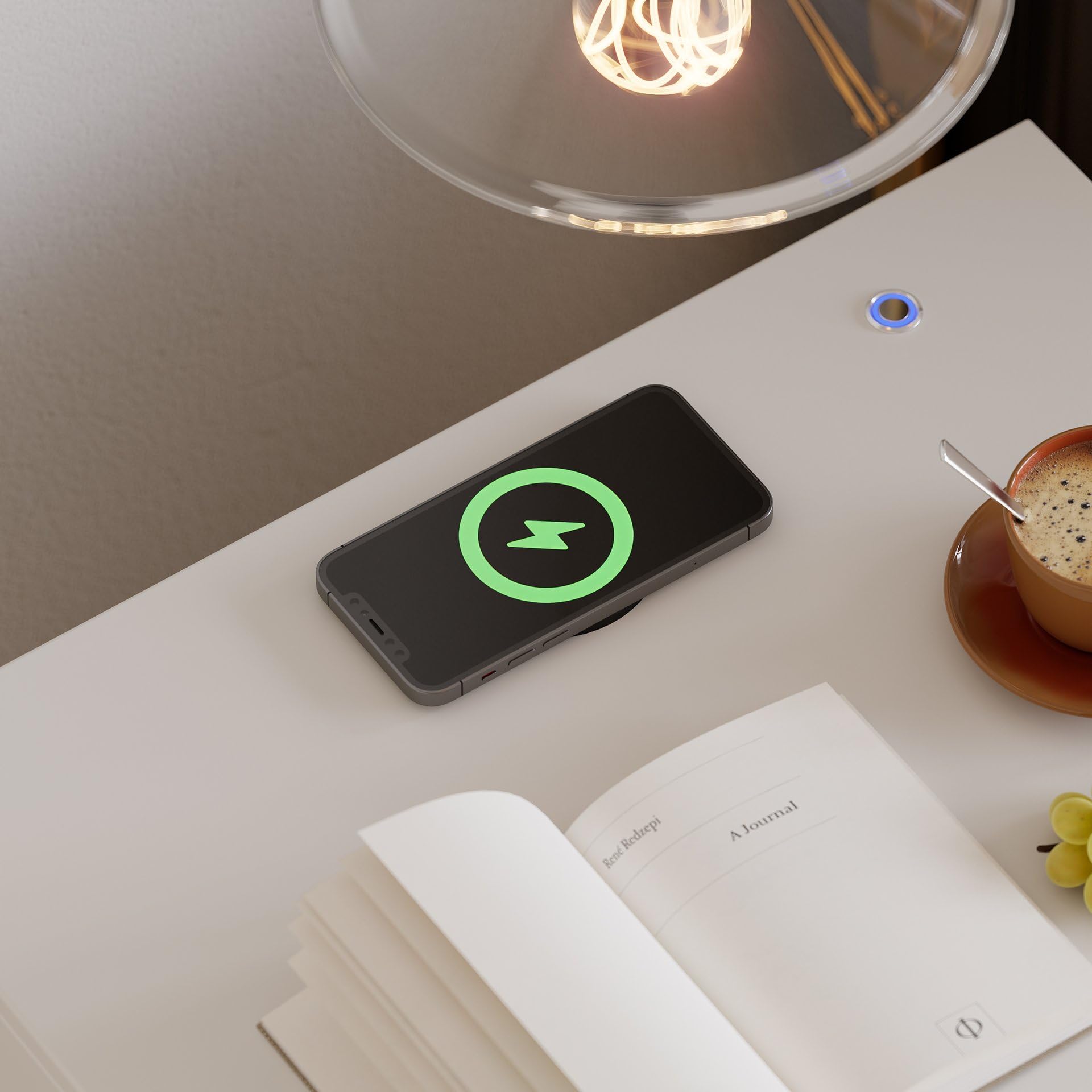 homary Comodino moderno con stazione di ricarica wireless, comodino con 3 cassetti, comodino bianco con luce LED