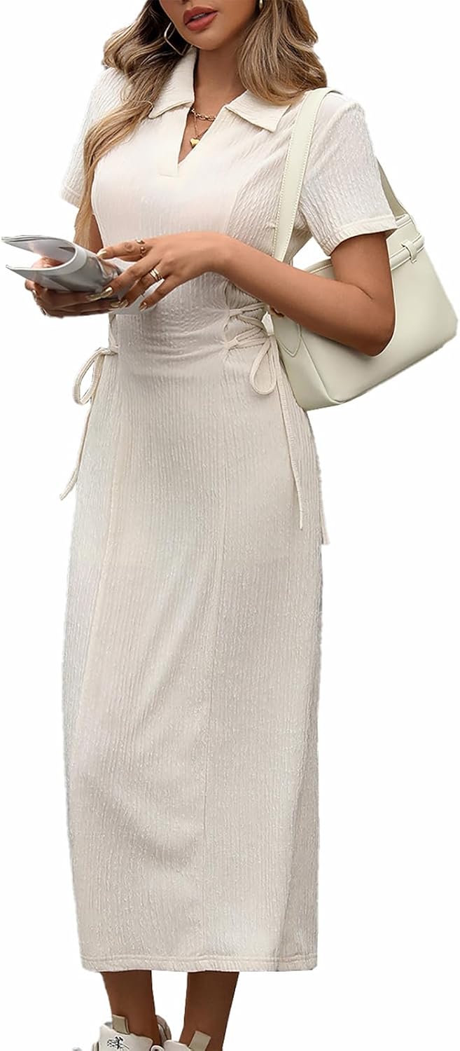 MSLG Womens T Shirt Dresses Casual Drawstring Vacation Polo Tight Shirt V-Neck Short Sleeve Summer Tunic Golf Dress 208