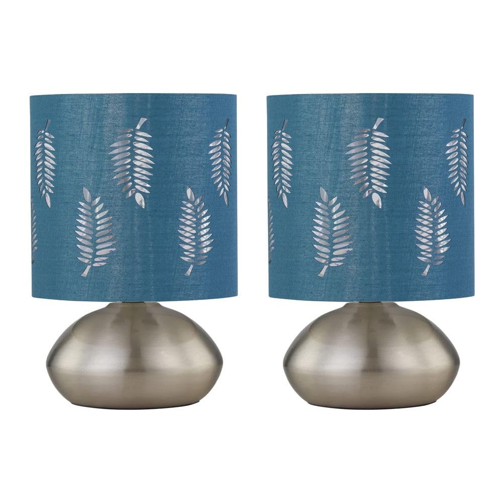 Firstchoicelighting Satin Nickel & Teal Set Of 2 Brushed Chrome Touch Operated Table Lamps Or Bedside Lights, Modern Design, Height 22Cm, Teal Fern Shade, Led Compatible