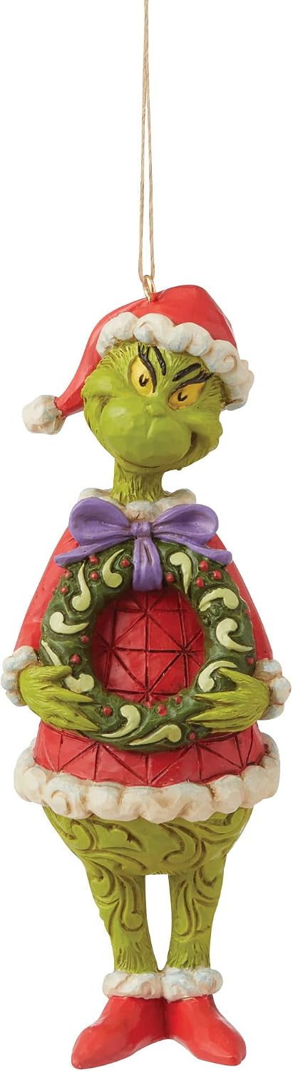 Enesco Jim Shore Dr. Seuss The Grinch Holding Wreath Hanging Ornament, 5.12 Inch, Multicolor for Christmas