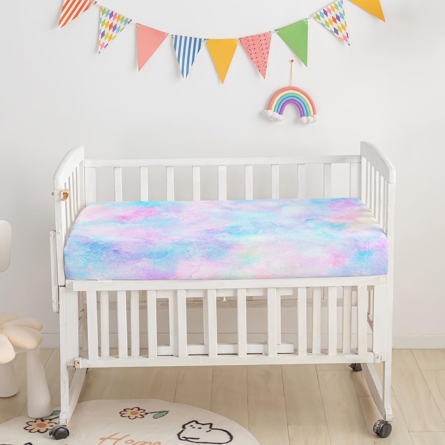 Crib Bedding Set, 3-Piece Nursery Crib Bundle with Comforter, Crib Sheet & Skirt, Watercolor Butterfly Printed Bedding for Baby Boys & Girls (Butterfly Purple)