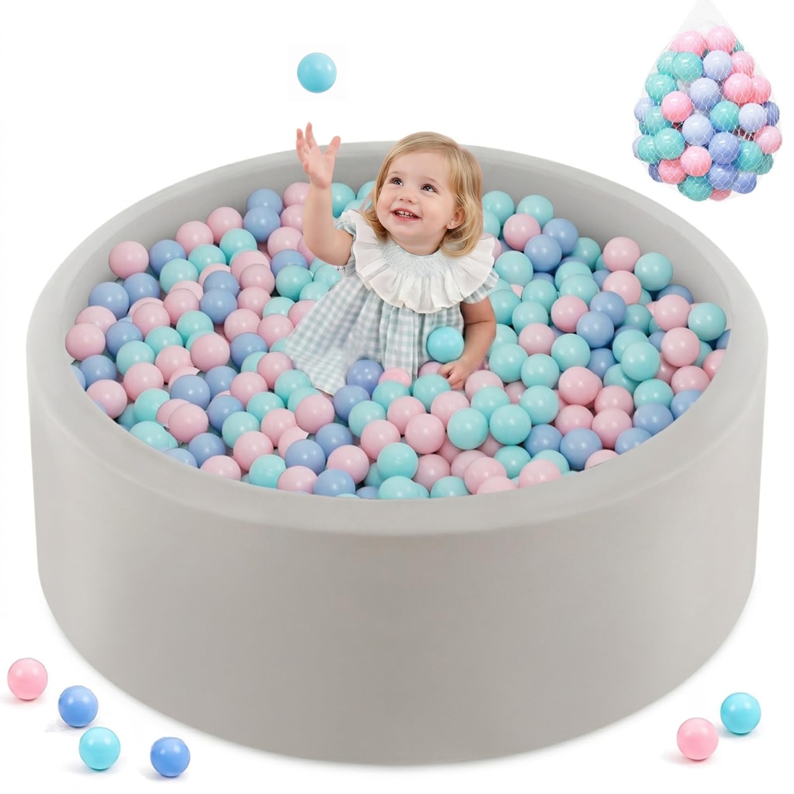 INFANS Foam Ball Pit for Toddlers with 200 Balls, 90×30 cm Large Round Ball Pool Playpen with Soft Memory Sponge Pad, BPA Free, for Kids Babies Indoor Outdoor (Dove)