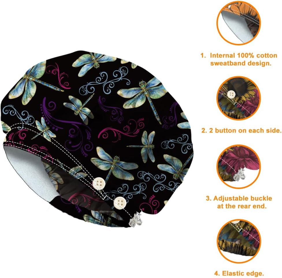 Bouffant Scrub Caps Cotton Nurse Scrub Hats with Button Sweatband Adjustable Surgical Caps for Unisex Cooking - Image 2